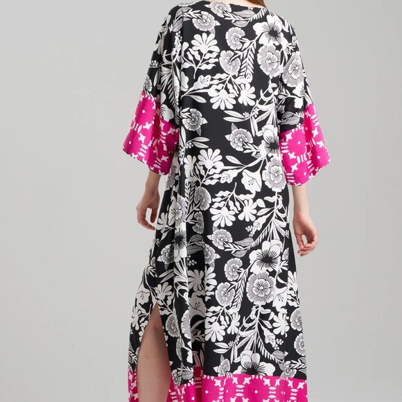Natori Botanica Floral Caftan Fuchsia Black Luxury Pockets $195 Women's Sz S B17 - Picture 3 of 13